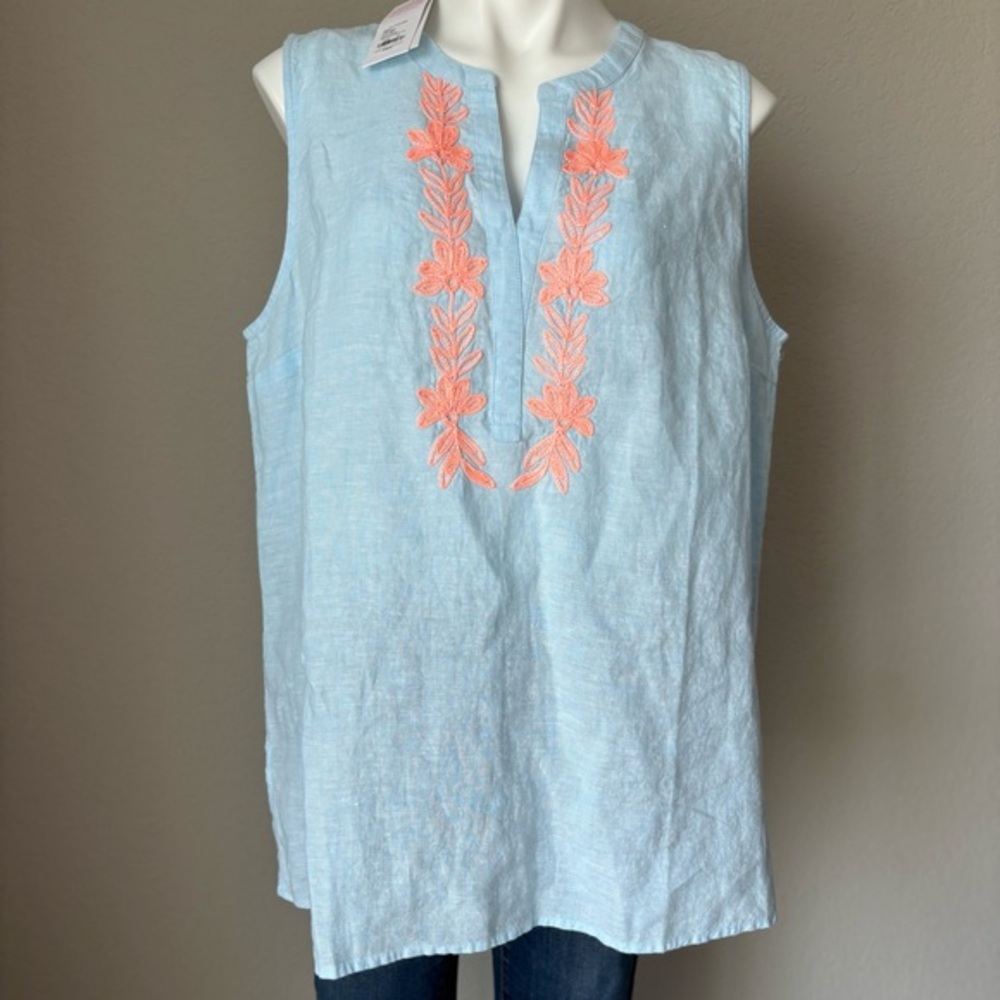 LILLY PULITZER Celeste 100% Linen Light Blue Coral Embroidered Tunic Tank Top XL